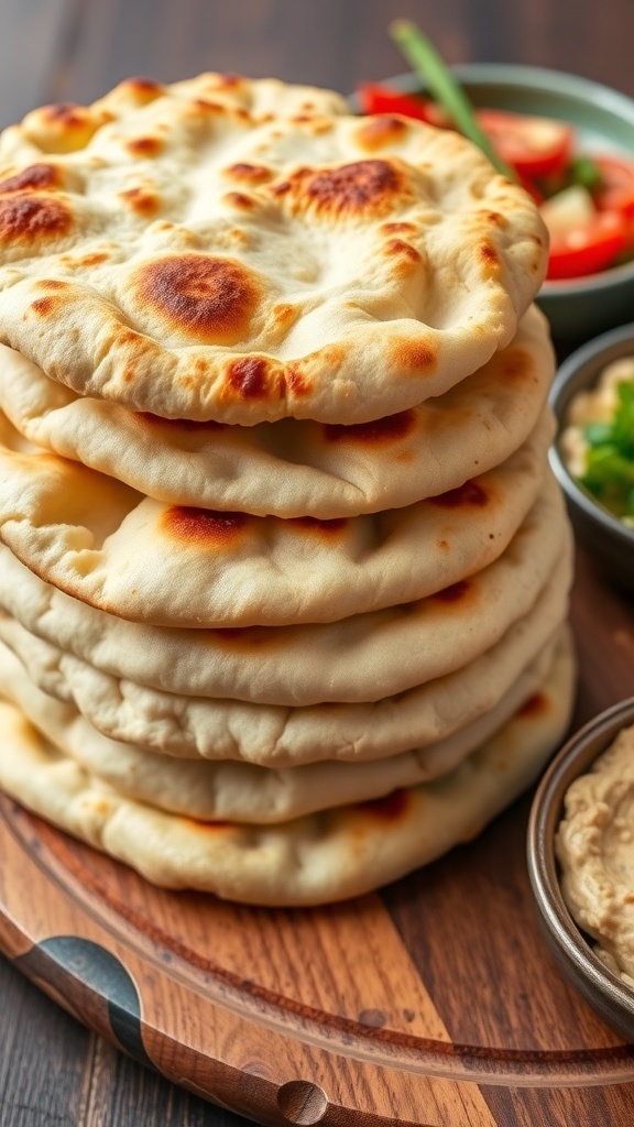 Freshly baked pita bread stacked on a wooden board with hummus and vegetables.
